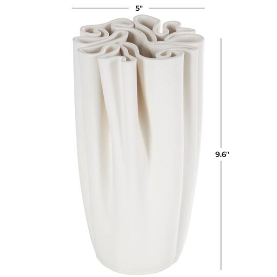 White Ceramic Abstract Ribbed Dimensional Folded Vase with Compact Wavy Rim